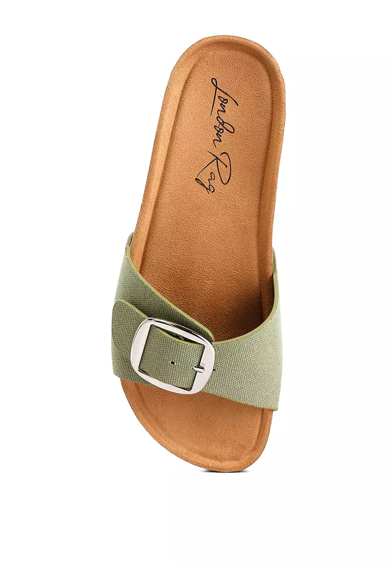 Green Buckle Strap Slip-On Sandals