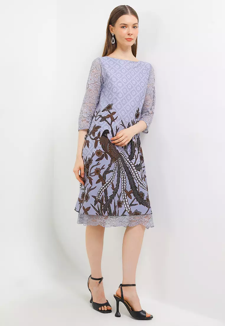 Dress Batik Wanita Furing Kombinasi Lace Brukat Emira Grey