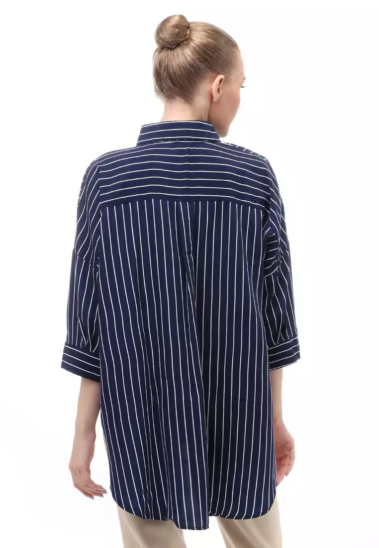 Shirt Salur Lengan Panjang Atasan Wanita Casual Front Button Opening - Navy