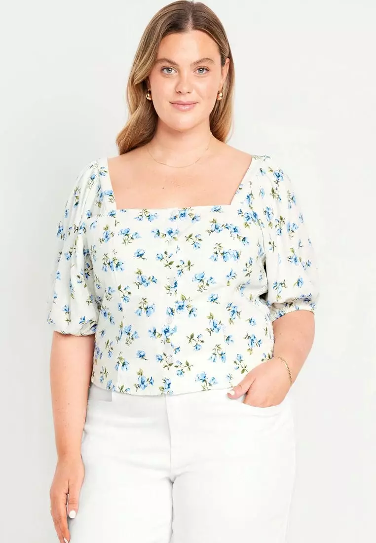 Puff-Sleeve Linen-Blend Floral Top