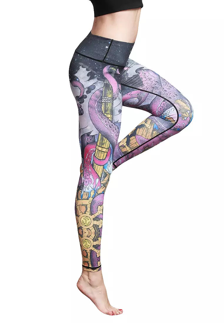 Yoga Leggings With Octopus Print, Purple Printed Leggings