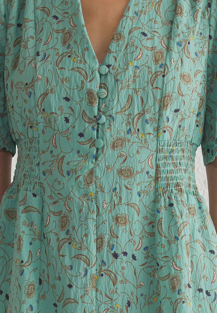 Green Floral A-Line Gipel Midi Woven Dress TWOSS25EL00115