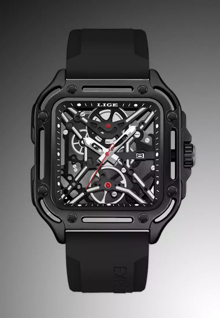 Unisex See Through Dial Square Quartz Watch 45mm, Black Rubber Strap