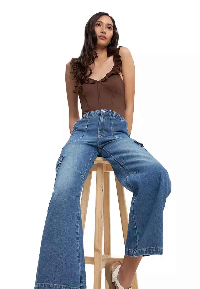 High Rise Denim Cargo Wide Leg Jeans