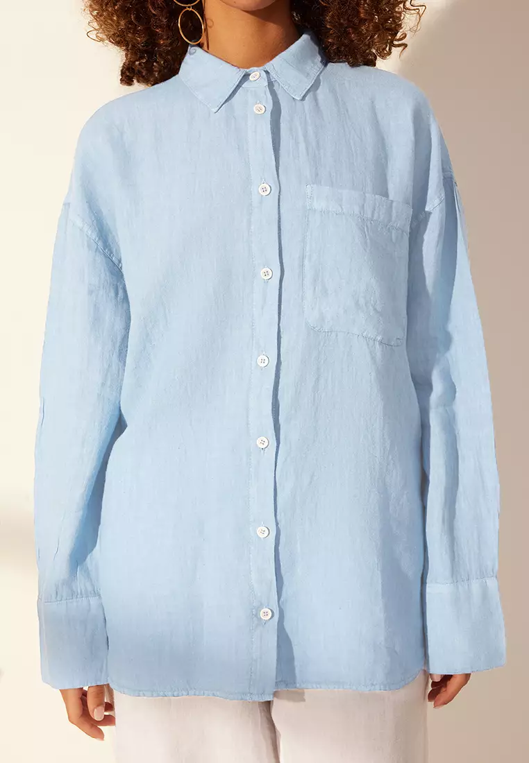 Blue 1% Linen Pocket Detailed Oversized Shirt Twoss26Go39