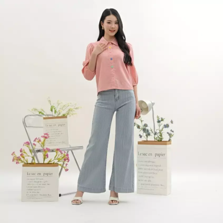 Rainbow Heart Button Puff Sleeve Shirt in Pink