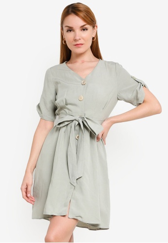 Hopeshow green V-Neck Short Sleeve Linen Dress 36B73AA955C30BGS_1