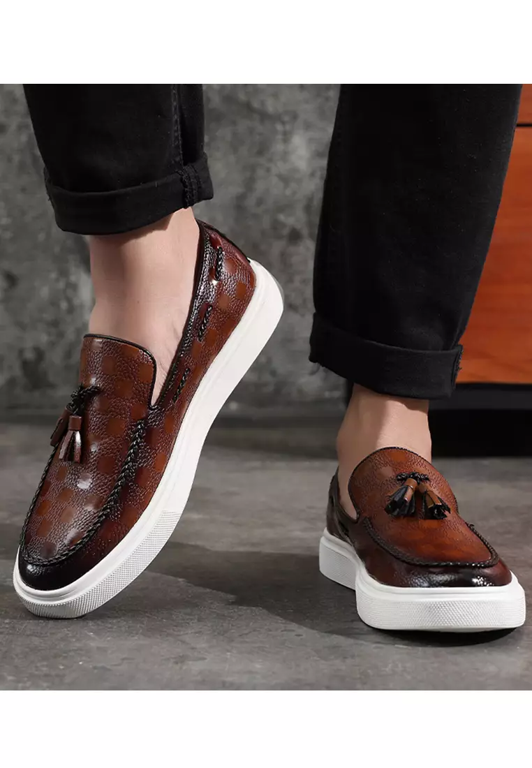 Checkered Pattern Synthetic Leather Tassel Loafers WZWH-S11
