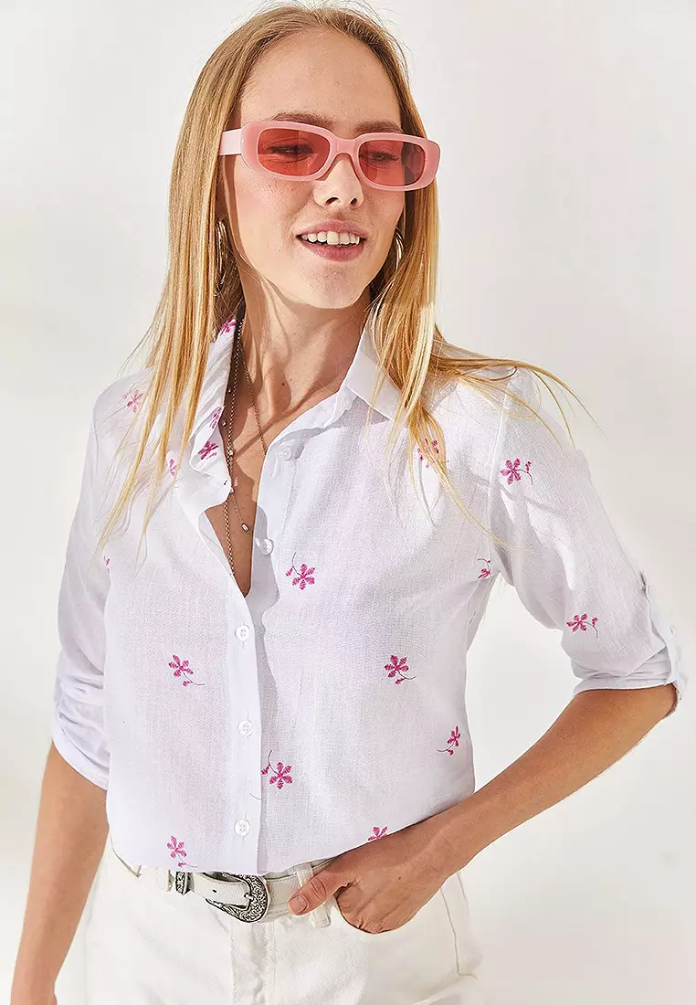 Floral Fold Sleeves Linen Shirt