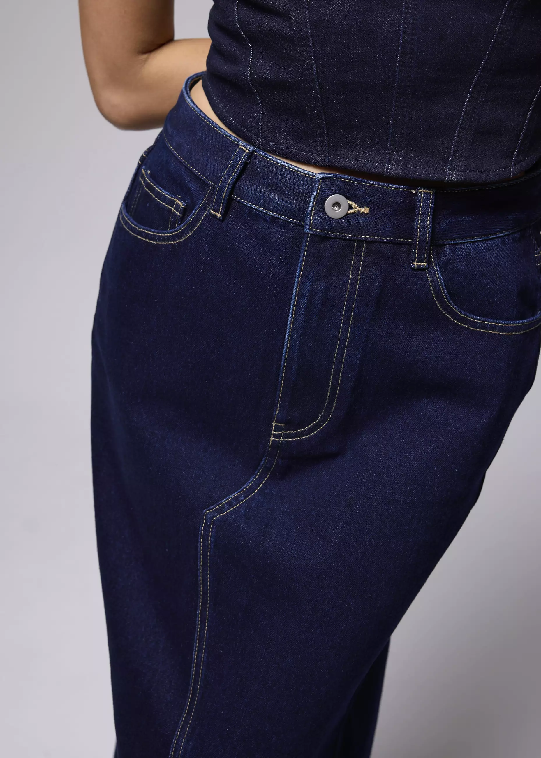 Rok Wanita - Denim Mid Waist A-line Maxi Skirt