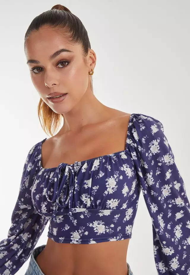 Pink Vanilla Pink Vanilla Navy Floral Printed Long Sleeve Balloon