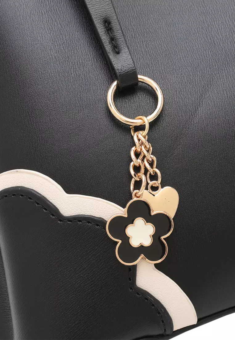 Women's Floral Detail Top Handle Bag / Sling Bag / Crossbody Bag - Black