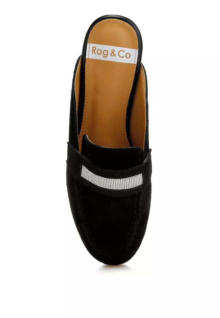 Rhinestone Strap Suede Mules in Black