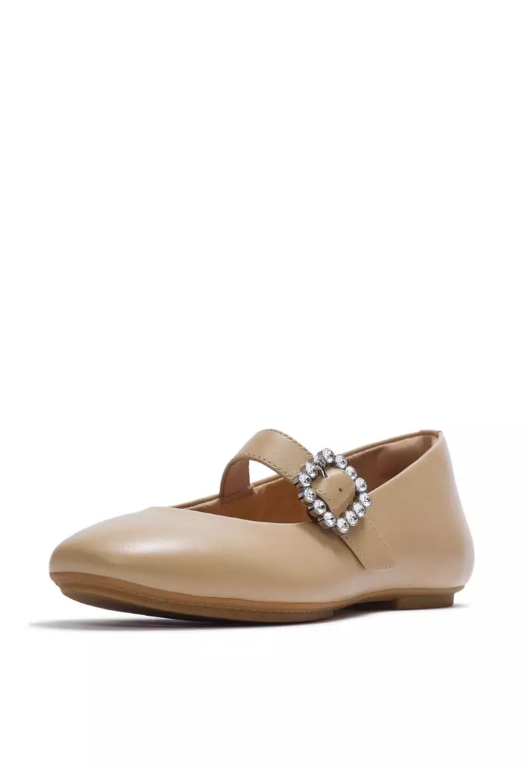 DELICATO Women's Crystal-Buckle Leather Mary Janes  - Cappuccino (E3J-923)