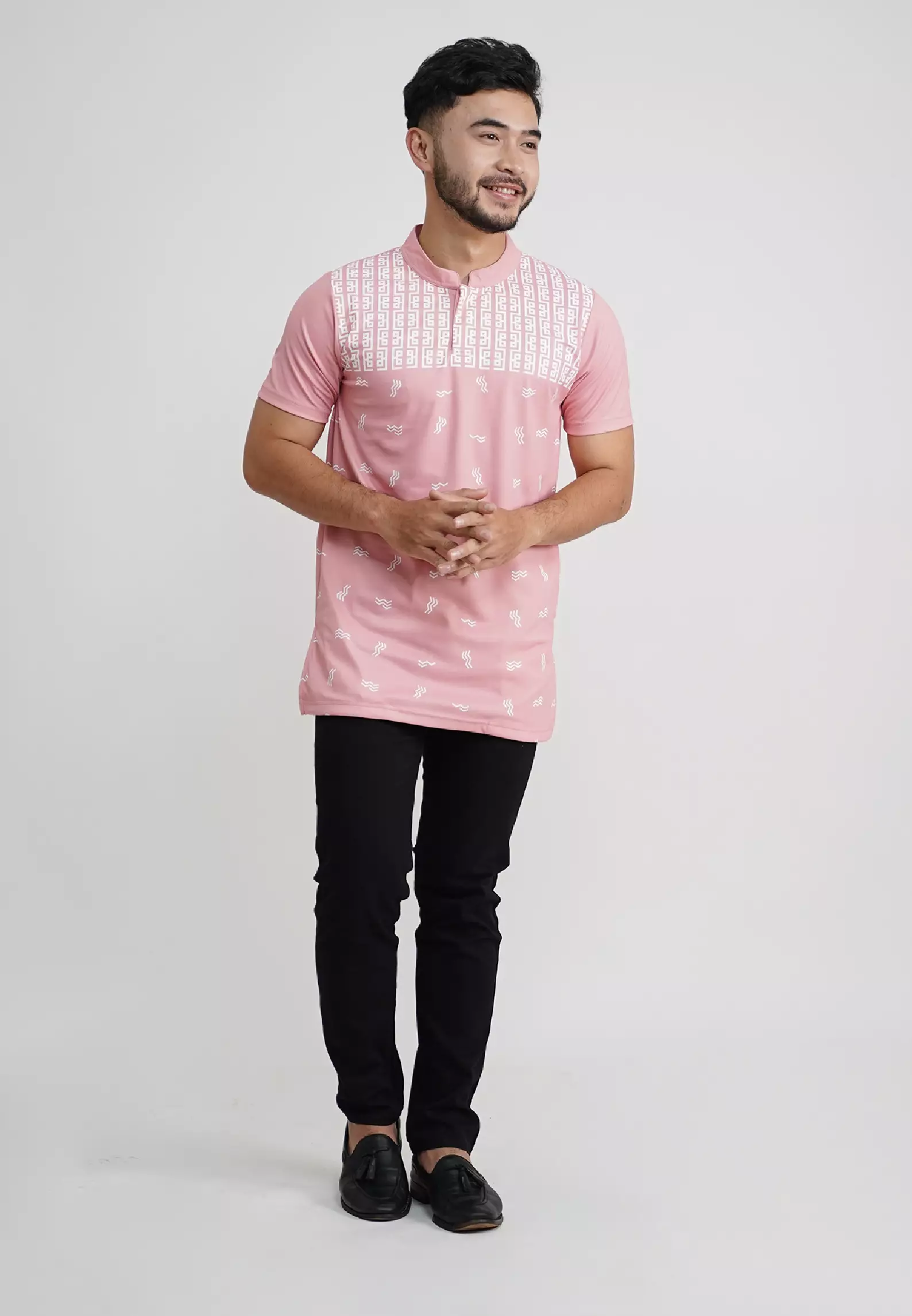 Tiento Pakaian Koko Pria Baju Muslim Kurta Atasan Lengan Pendek Motif Ixora