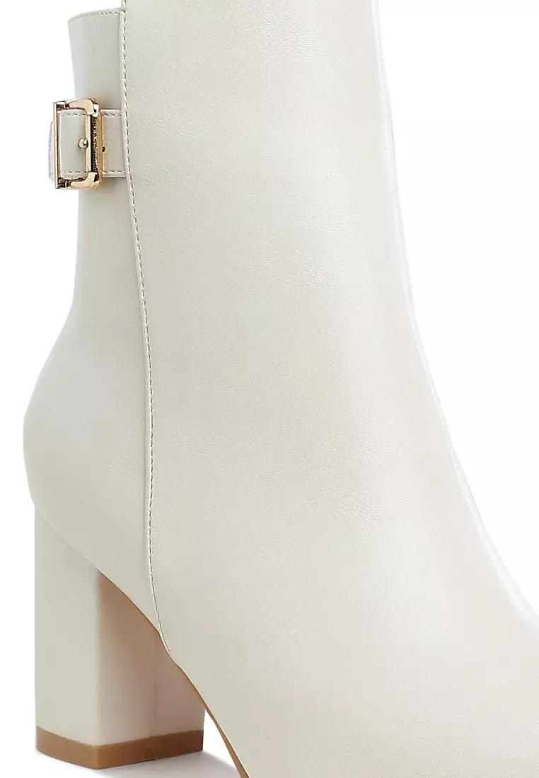 Belt Detail Block Heel Boots in Off White