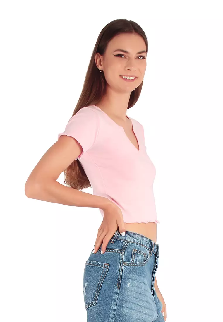 Atasan Rajut Rib Leher V Merah Muda