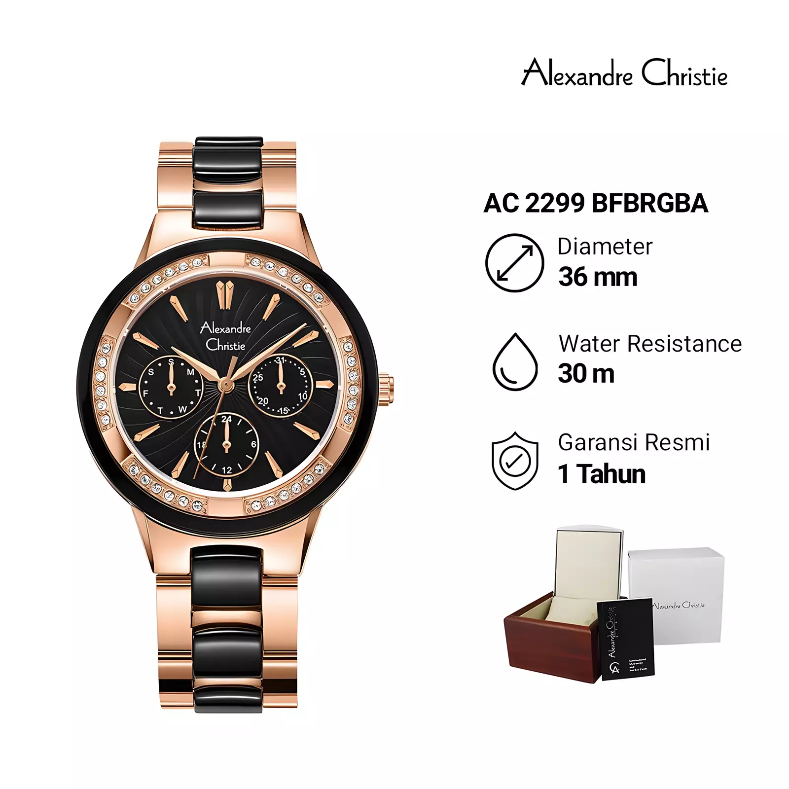 Alexandre Christie Ceramic - Jam Tangan Chronogarph Wanita - Rose Gold Black - Stainless Steel - 2299 BFBRGBA