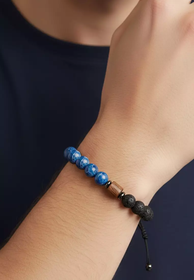 Aksesoris Gelang Pria Macrame Wooden Stump Center Lapiz & Lava Stones Bracelet Black & Lapiz