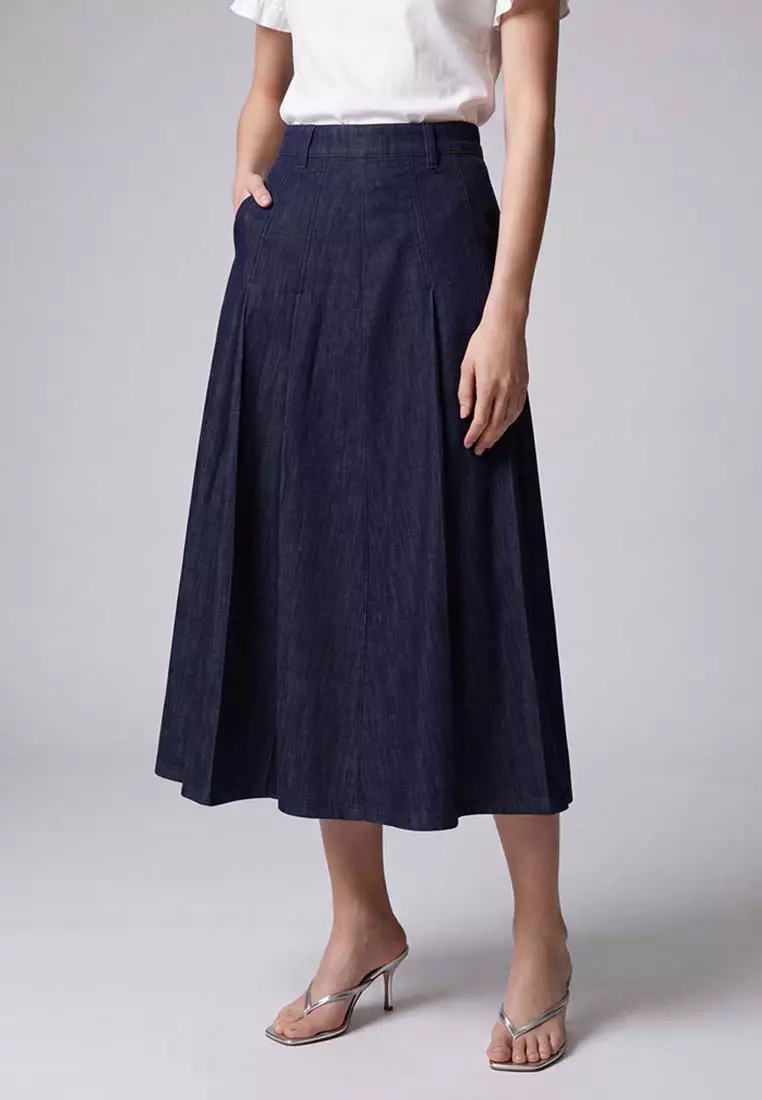 Denim A-Line Midi Skirt With Belt Cotton Blend Loose