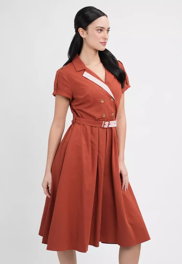 Maxine Button-Down Belted Midi A-Line Dress
