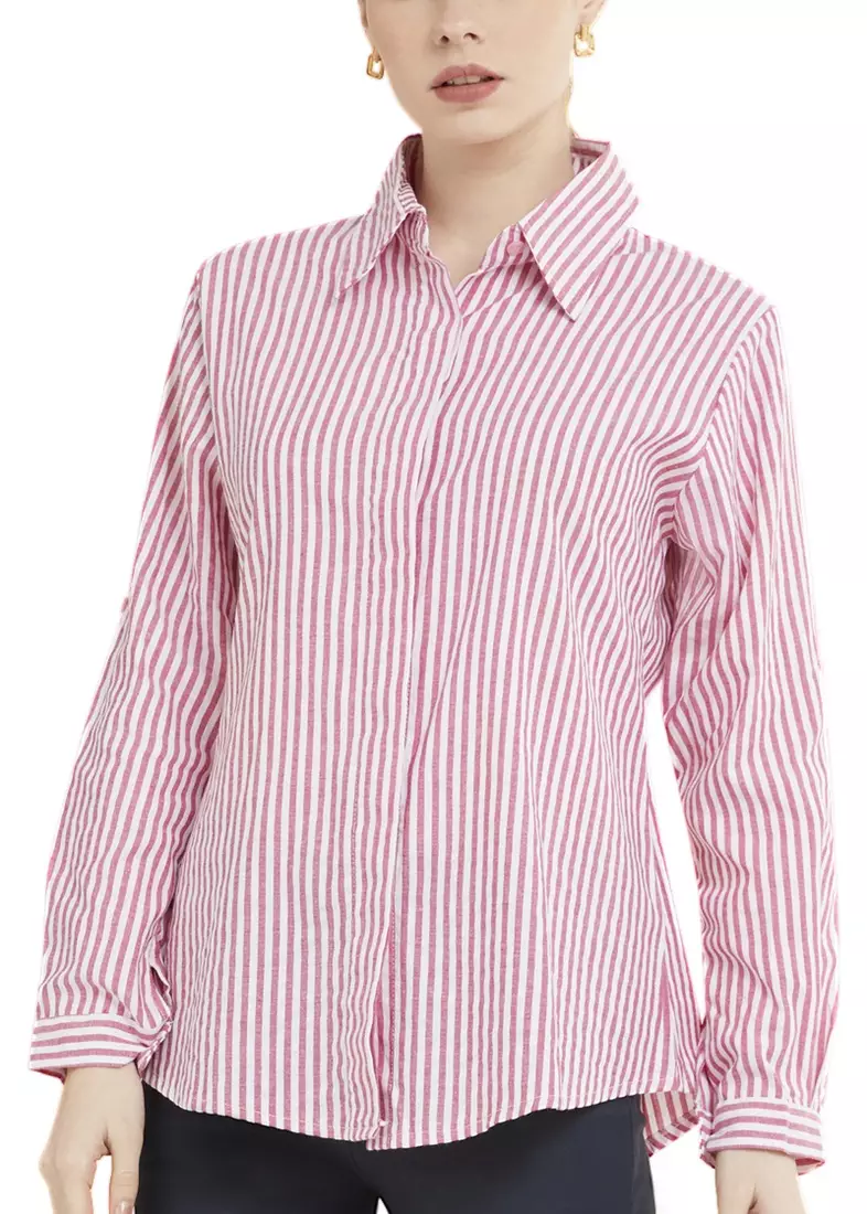 Kemeja Salur Basic Lengan Panjang Garis Shirt Wanita - Pink