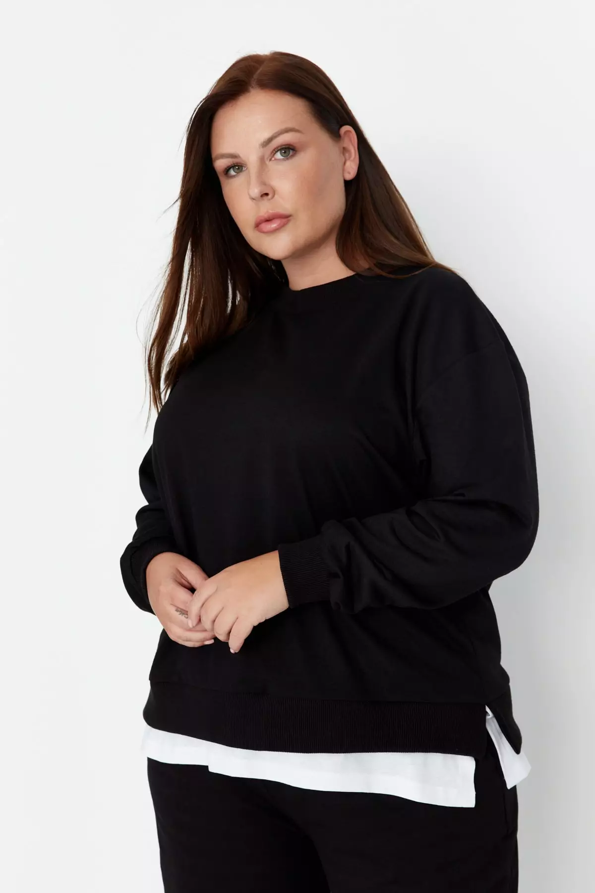 Trendyol Plus Size Black Bottoms T-Shirts With a Come Out Look, Knitted  Thin Sweatshirt 2024, Buy Trendyol Online