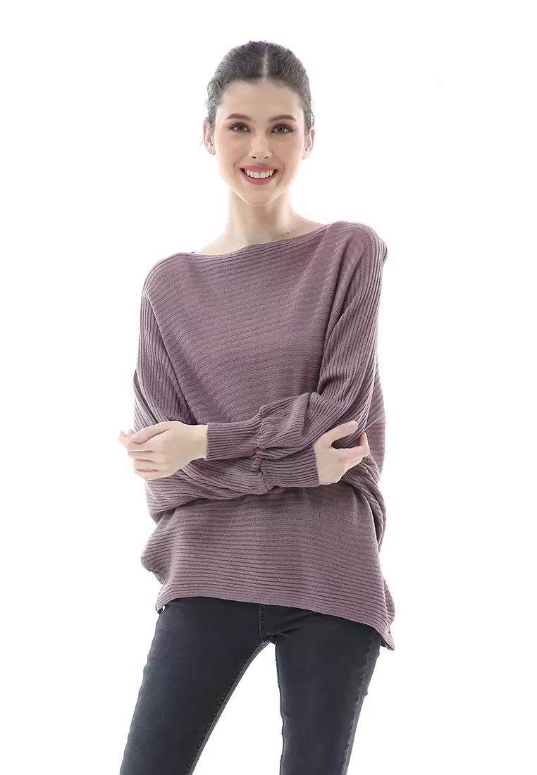 Eveline Sweater Rajut Batwing Atasan Wanita Motif Polos High Quality - Burgundy