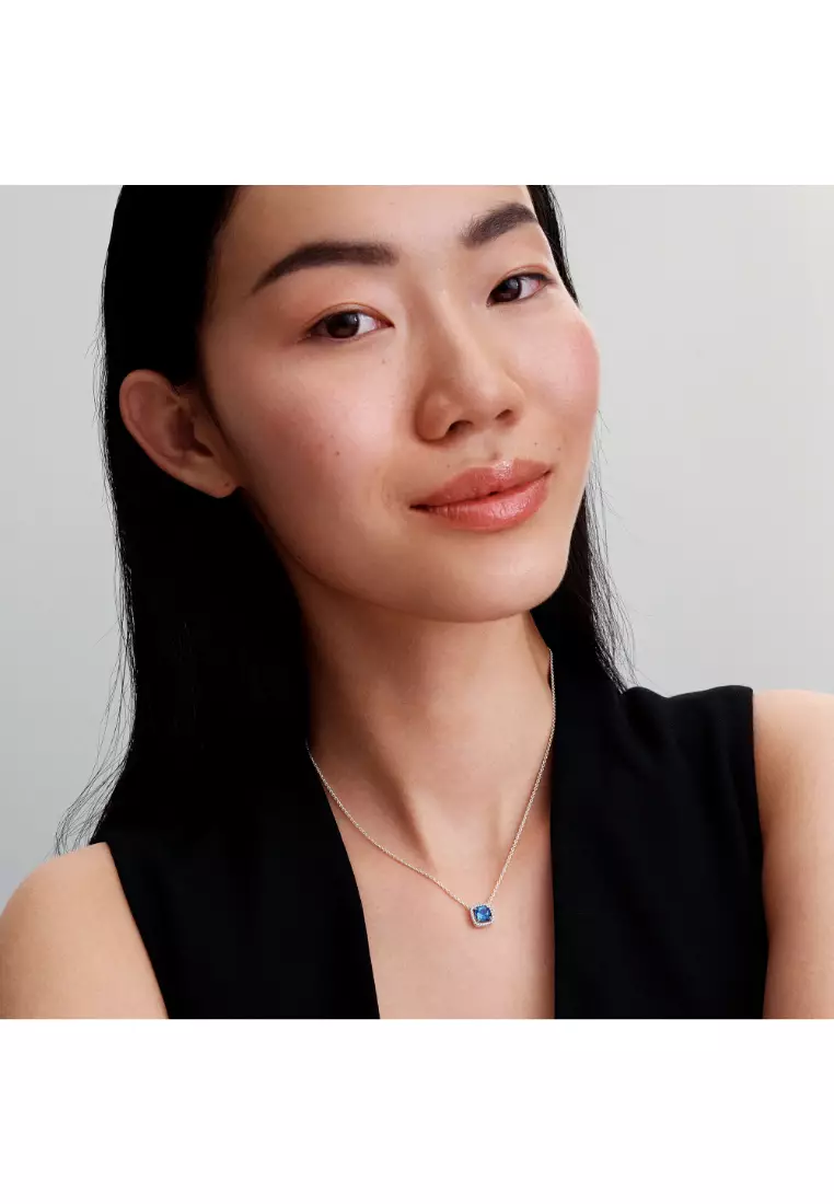 Sparkling Square Blue Halo Pendant Necklace