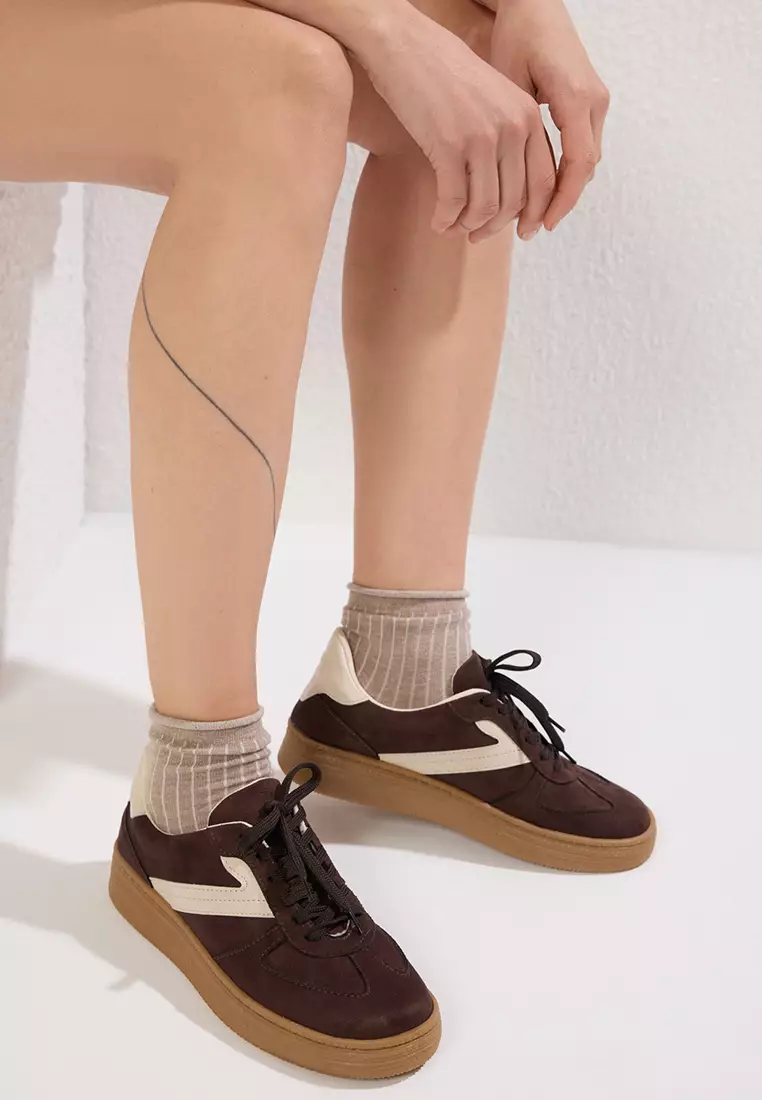 Dark Brown Two Lace-Up Dual-Use Women's Retro Sneakers Takss25Sn00009