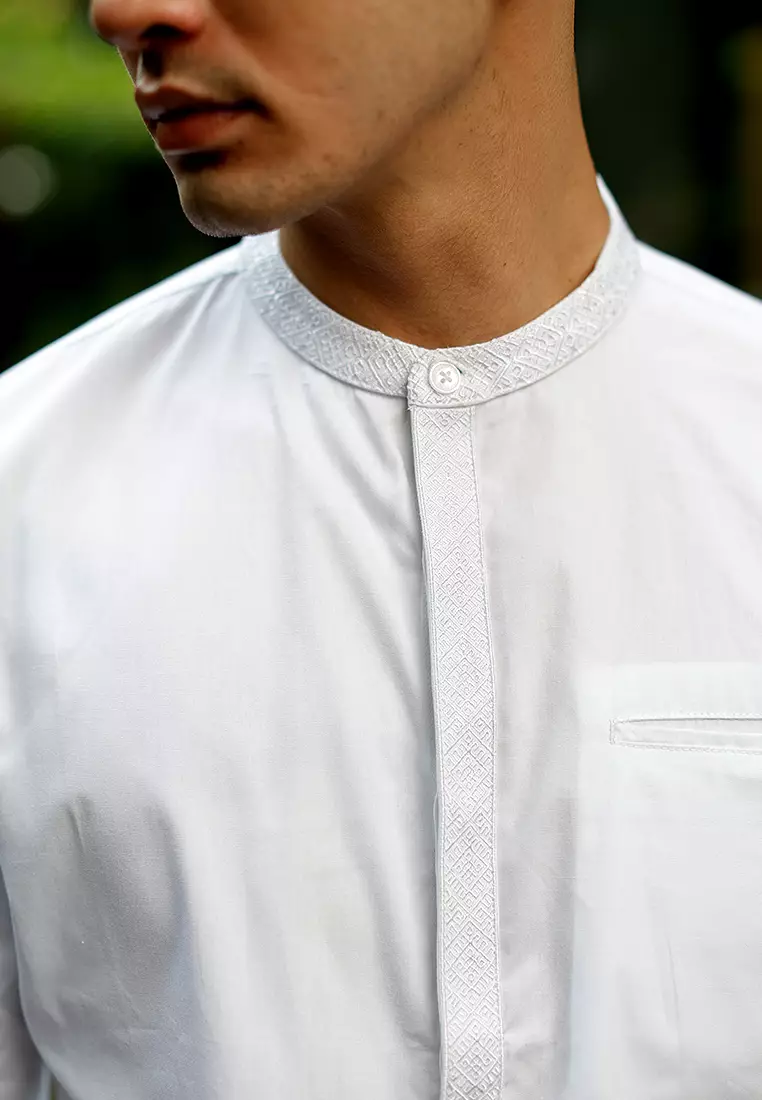 OXCON Kemeja Tangan Panjang koko bordir embrodiery collarless shirt White