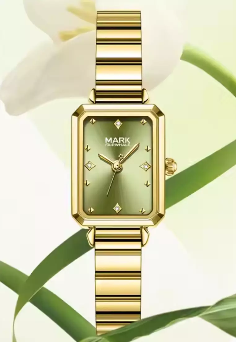 Ladies Alloy Quartz Watch, 32mm Watch Case Height, Gold Color Stainless Steel Bracelet, Olive Green Dial