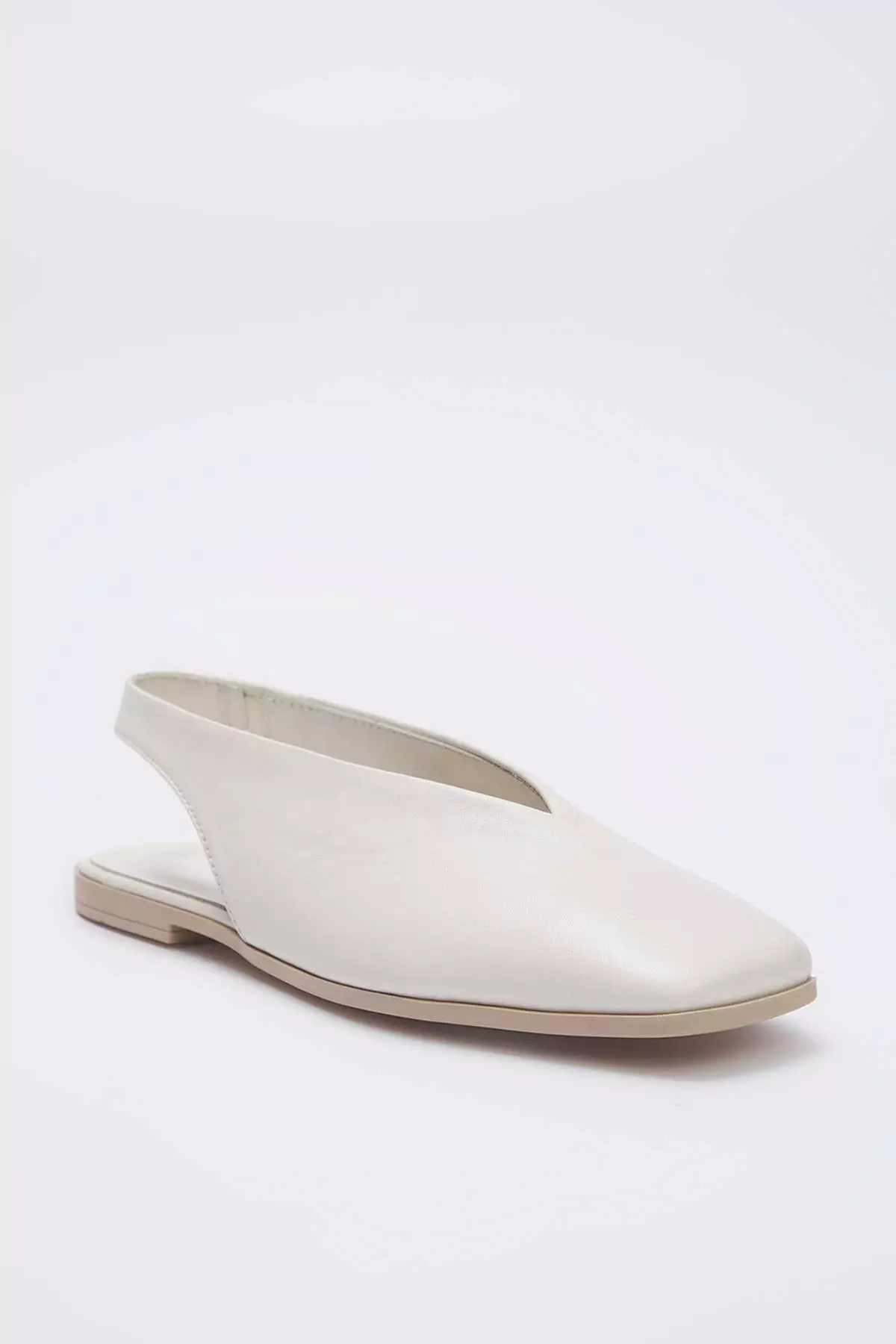 Off White Genuine Leather Open Back Square Toe Women's Ballerina Flats Takss25Be00018
