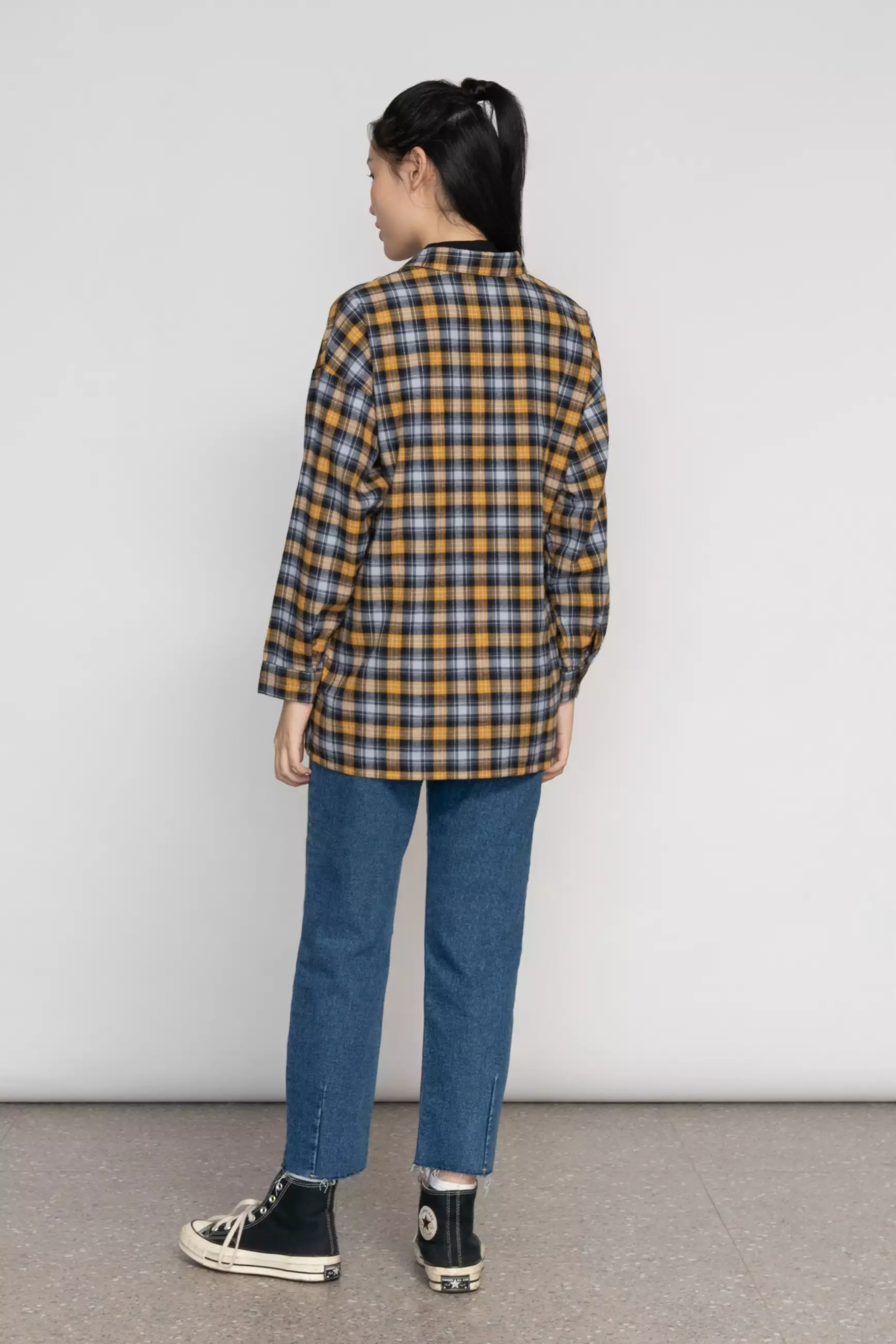 Kemeja Wanita Flanel Kim Navy Yellow