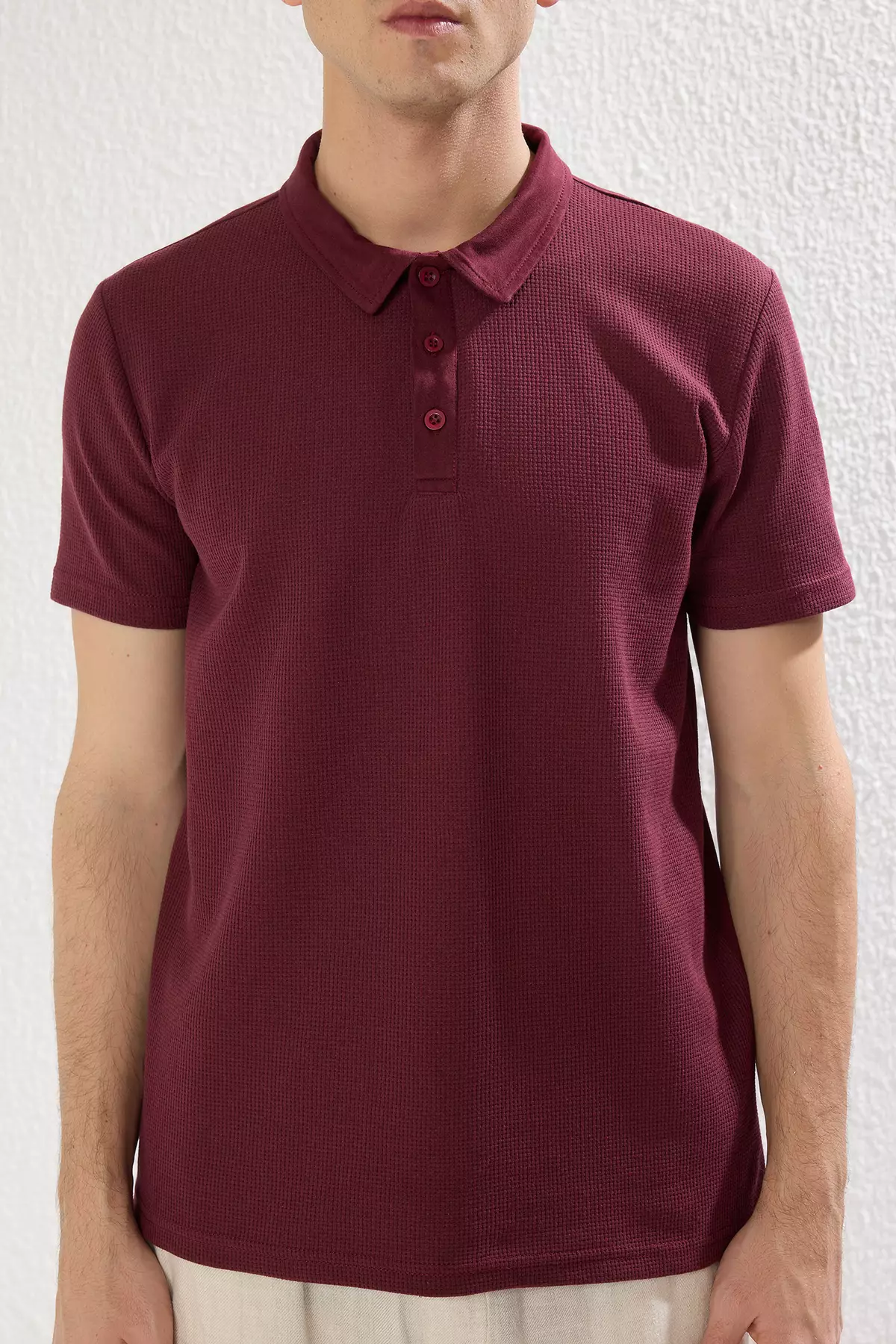 Plum Slim/Slim Cut Textured Buttoned 100% Cotton Polo Neck T-Shirt Tmnss20Po0002