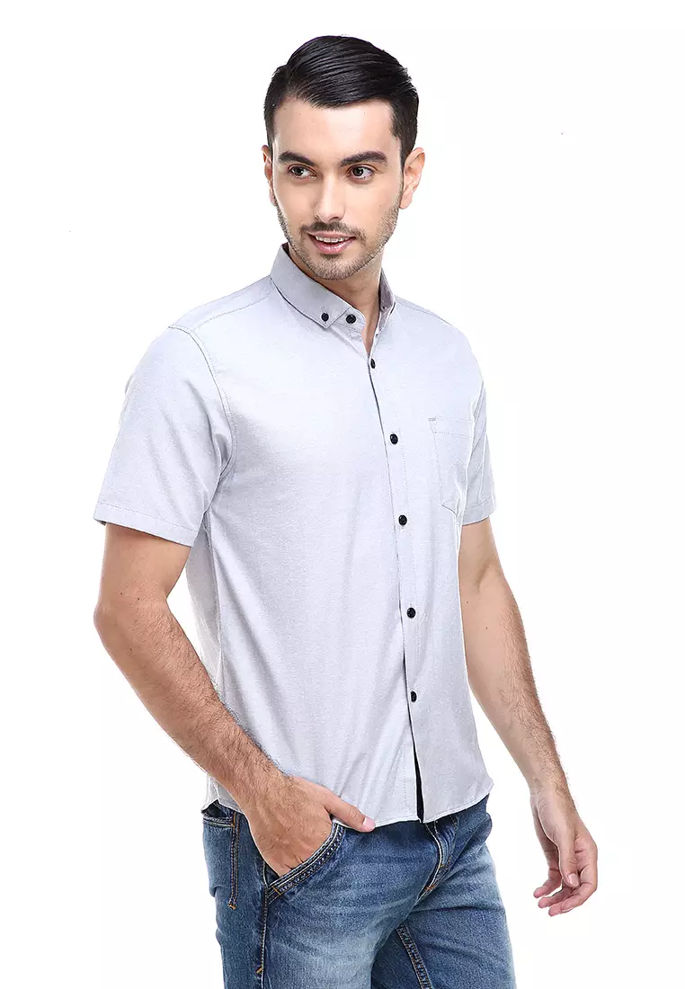 Dwan Casual Shirt Kemeja Polos Pria Lengan Pendek Kasual Formal Material Cotton ORIGINAL - Gray