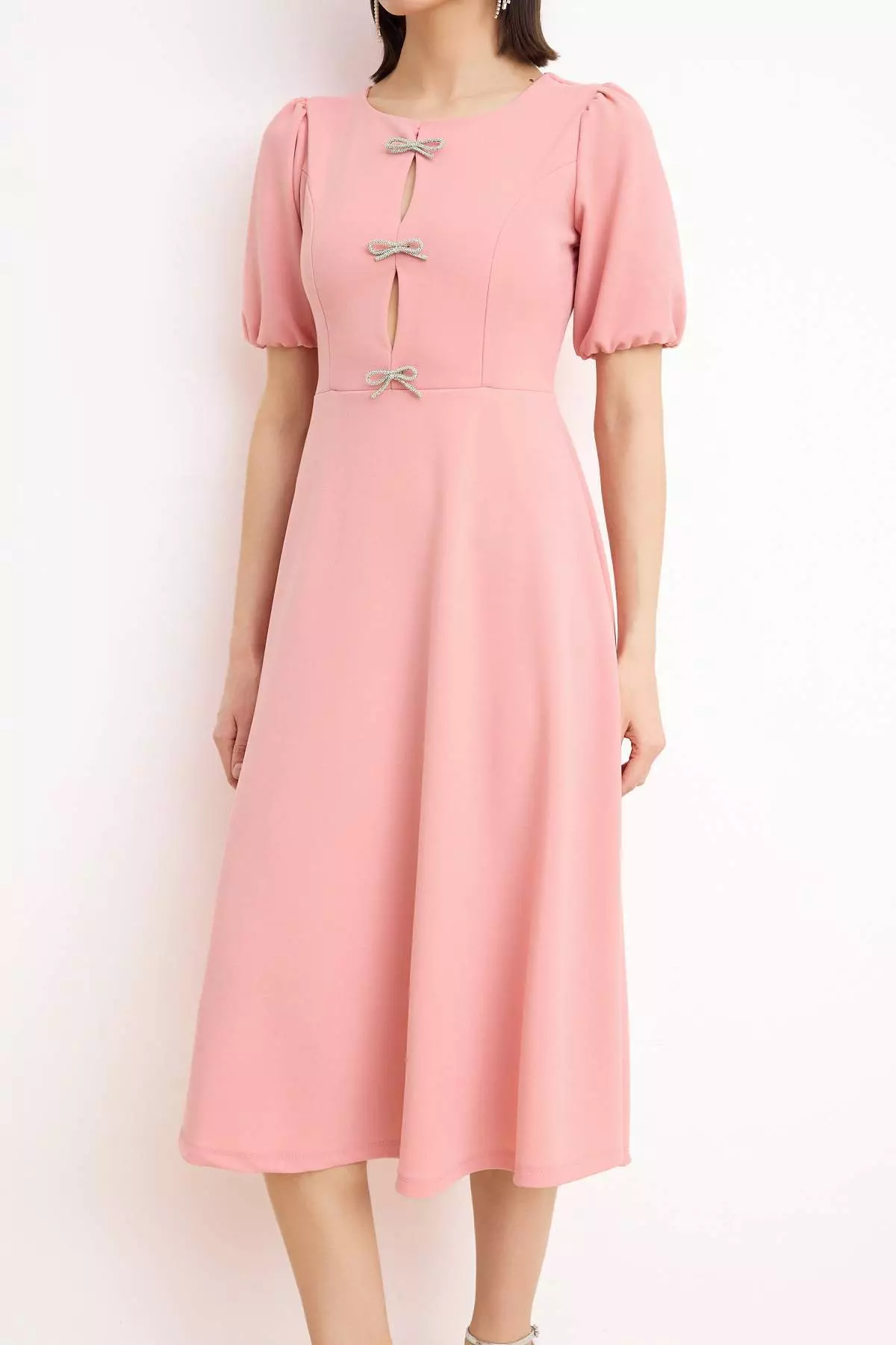 Light Pink Plain Skirt With Bow At The Waist, Knitted Finike Midi, Unlined, Stylish/Evening Dress