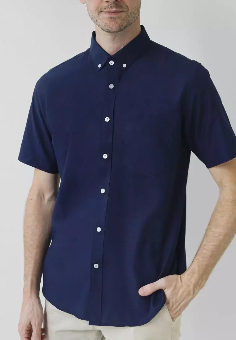 Cotton Well Ben Short Sleeve Oxford Shirt Navy | Kemeja Pria Lengan Pendek Basic Polos  Biru Dongker Nevi