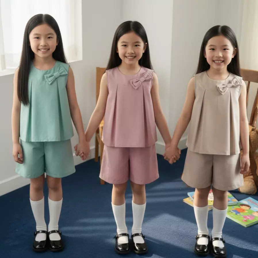 Two Mix - Naura Baju Setelan Anak Perempuan Pita Cantik Celana Pendek Lucu Korean Style Usia 2-8 Tahun 4458 Hijau