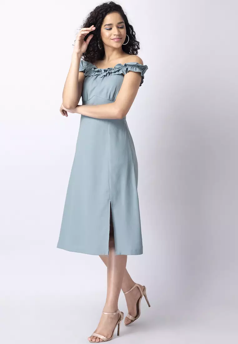 Blue High Slit Off-Shoulder Midi Dress