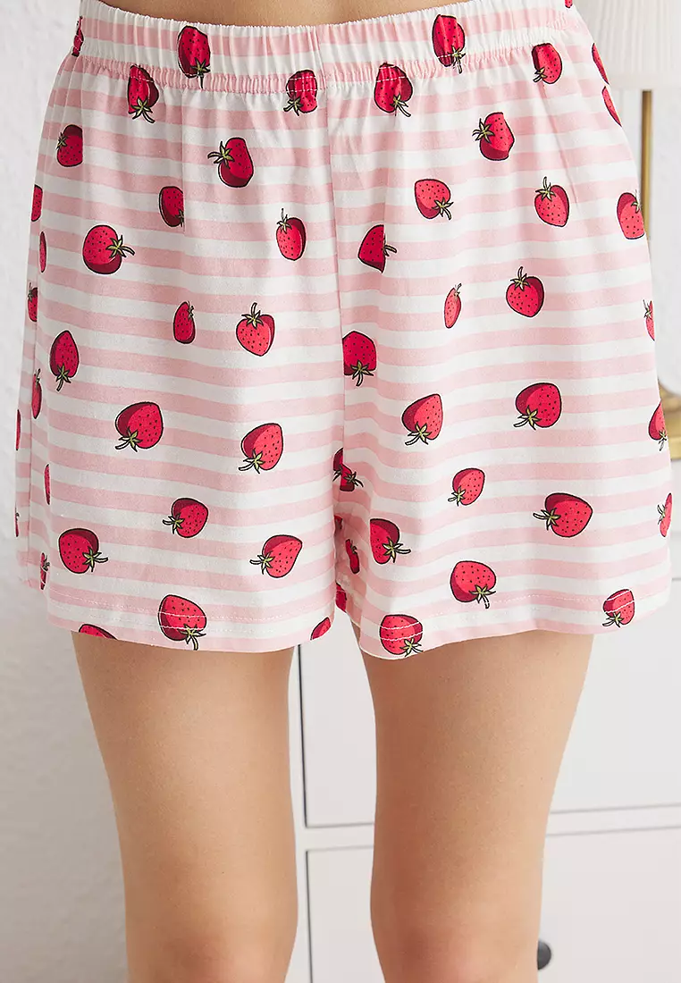 Pink-Multicolored Striped And Strawberry Patterned Shorts Knitted Pajama Set