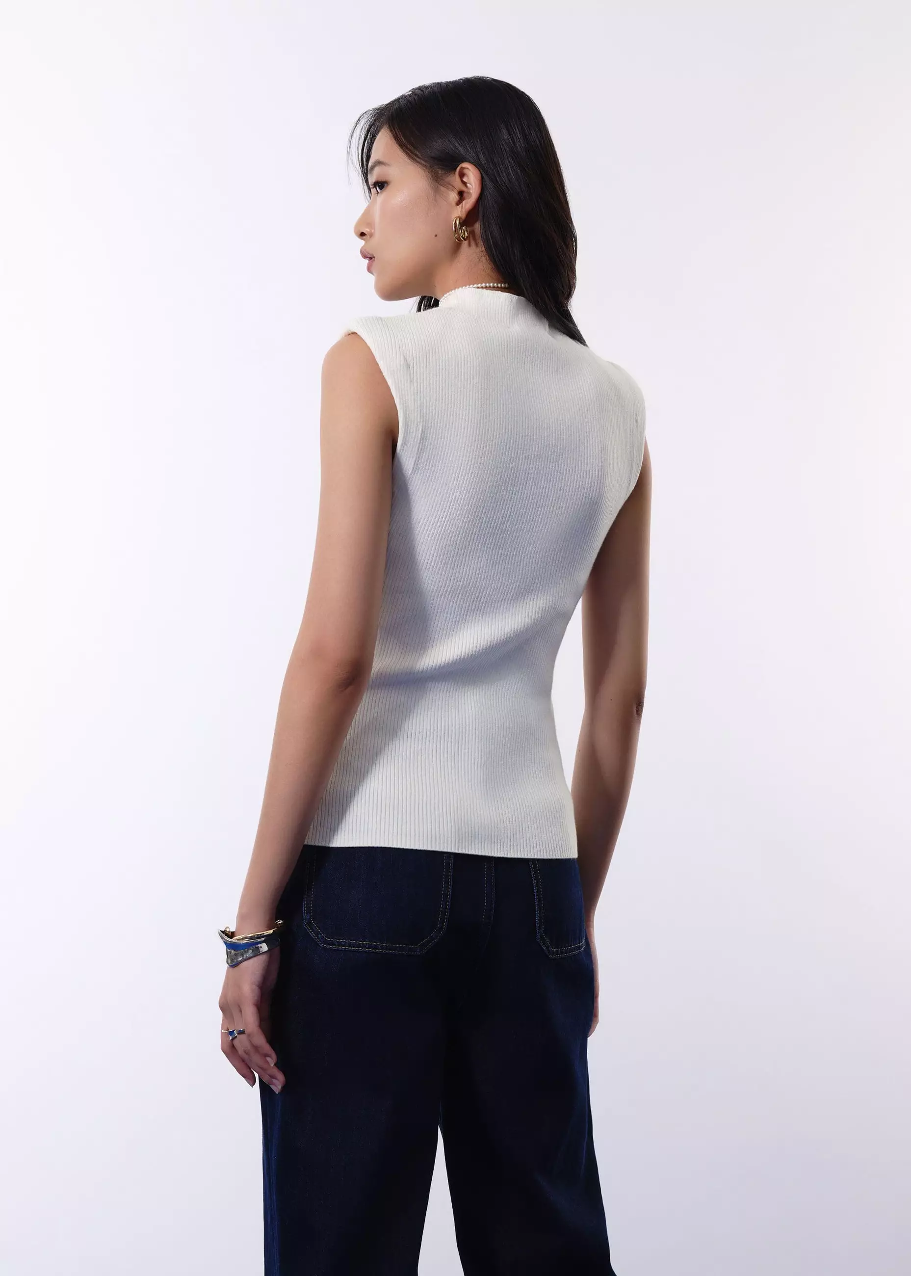 Atasan Wanita - Rae Shoulder Padded Knit Mock Neck Top