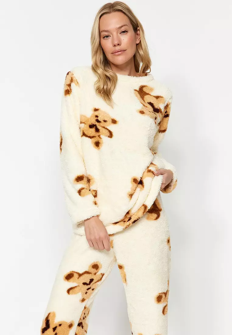 Ecru Multicolored Teddy Bear Wellsoft Winter Knitted Pajama Set THMAW24PT00191