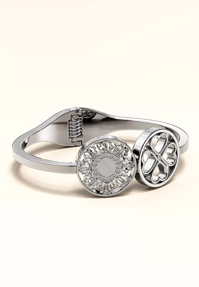 Artistic Floral Hinged Bangle-White Gold/Clear