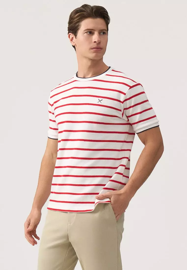 Regular Fit Striped T-Shirt With Contrast Tipping Detail In Honeycomb Pique