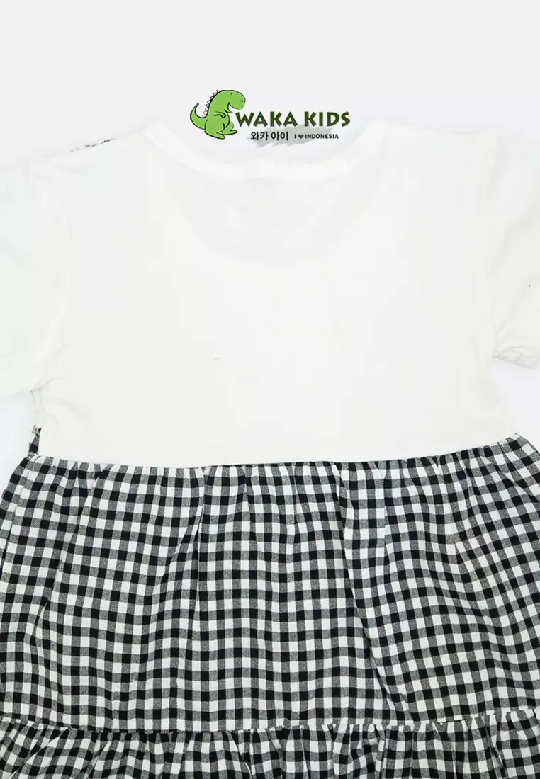 Wakakids Dress Bayi Anak Perempuan Lengan Pendek Katun Bunga Kombinasi Kotak Kotak 4482 Venrc Peach
