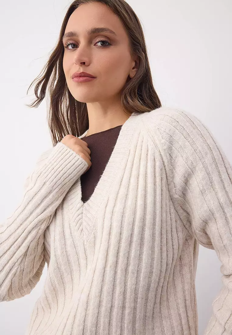 Wardrobe Essentials Stone Soft Textured Ribbed Knit Sweater