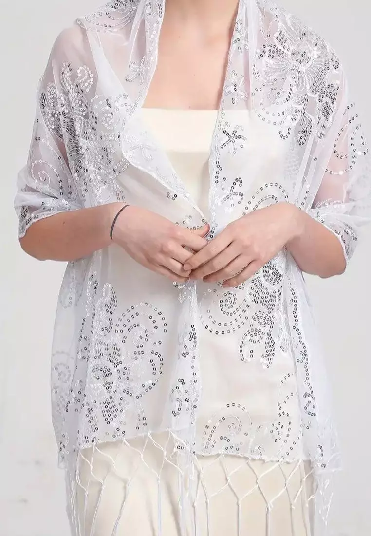 Aksesoris Wanita Sahana Flower Gold Sequinn Lace  Fringed Evening Shawl Syal Pesta Wanita Snow White