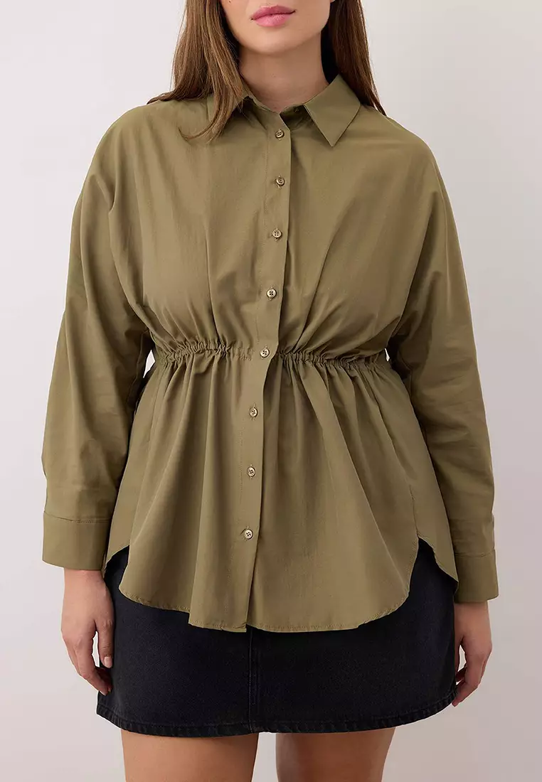 Khaki Pleated Woven Plus Size Shirt