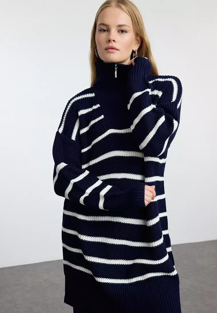 Navy Blue Zipper Detailed Selanik Striped Knitwear Top-Bottom Set TCTAW24US00058